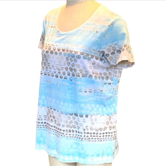 Chico's Zenergy Tee Top Aqua White Metallic Gold Dots Sz 2 (L/12) #130E - Picture 3 of 9